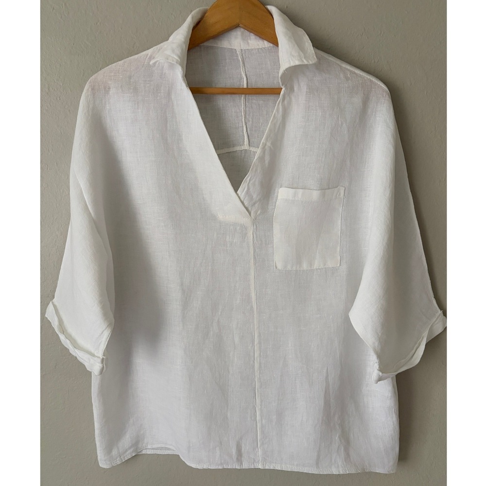 Women's 100% Linen White Blouse Size Small Made in Italy Boxy Oversized Coastal